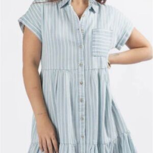 Pink Lily Blue & White Striped Button-Down Dress | Casual Tiered Shirt Dress (L)